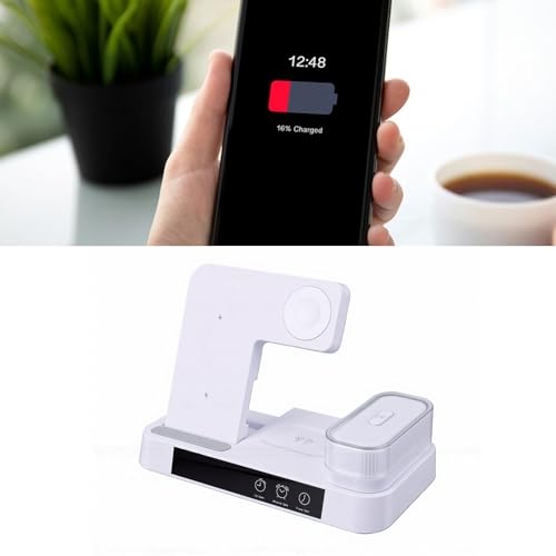 ASHATA 4 in 1 Wireless Charging Station 3 in 1 Stand with Digital Alarm Clock 7 Color Night Light for Phone Watch Earbuds (White) - color: White