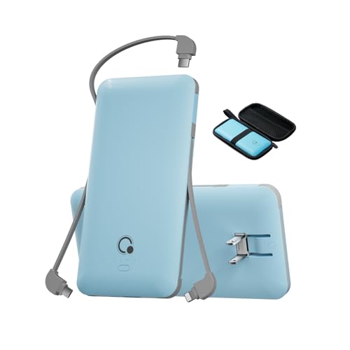 Portable Charger with Built-in Cables and AC Wall Plug, USB C External Battery Pack, 10000mAh Travel Essentials Power Bank Compatible with iPhone17/16/15/14/13, Samsung Galaxy, Pixel,Tablet and More - color: Light Blue