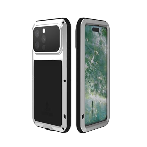 LOVE MEI Military Rugged Case for iPhone 16 Pro Max, with Tempered Glass Screen Protector, Shockproof Dustproof Scratch Proof Hybrid Metal and Silicone Gel Heavy Duty Full Body Cover Silver - color: Silver