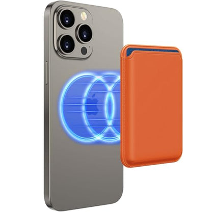 Compatible with MagSafe Wallet, Magnetic Phone Wallet 3 Cards Holder, 23 Magnets, Credit Card RFID Blocking, Slim Leather, Magnetic Wallets for iPhone 17/16/15/14/13/12 Series-Orange - color: Orange