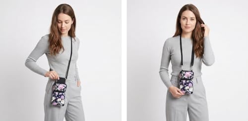Tainada Neoprene Crossbody Zipper Neck Cellphone Case Pouch (Purple Floral) | Mini neoprene dual zip wallet purse bag; Water-resistant, shockproof, lightweight; Adjustable & detachable lanyard strap - color: Purple Floral