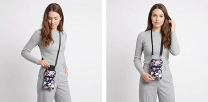 Tainada Neoprene Crossbody Zipper Neck Cellphone Case Pouch (Purple Floral) | Mini neoprene dual zip wallet purse bag; Water-resistant, shockproof, lightweight; Adjustable & detachable lanyard strap - color: Purple Floral