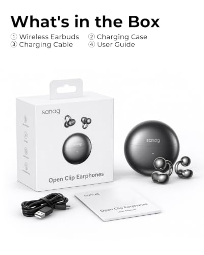 Sanag S6S Clip on Open Ear Headphones Wireless Earbuds,IP55 Waterproof Bluetooth 5.3 Lightweight, 38H Playtime Noise Reduction Touch Control Headphones, Dazzling Black