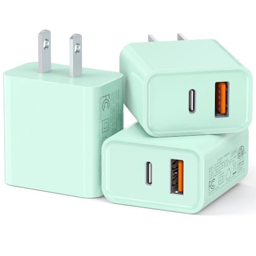 CSODINCE 3 Pack USB C Wall Charger, 20W Durable Dual Port QC+PD 3.0 Power Adapter, Double Fast Plug Charging Block for Phone 14/15/16/17 Pro/Pro Max/Plus, XS/XR/X, Watch Series 8/7 Cube(Parrot Green) - color: Parrot Green