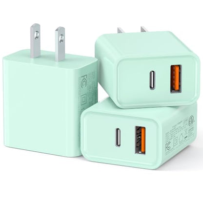 CSODINCE 3 Pack USB C Wall Charger, 20W Durable Dual Port QC+PD 3.0 Power Adapter, Double Fast Plug Charging Block for Phone 14/15/16/17 Pro/Pro Max/Plus, XS/XR/X, Watch Series 8/7 Cube(Parrot Green) - color: Parrot Green