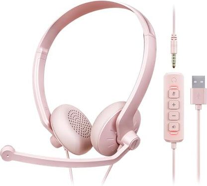 FEABASK Wired USB Headset with Microphone for PC Clear Sound - color: Pink, size: pack of 1