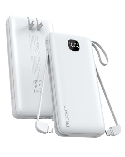 penaover Portable Charger with Built-in Cables&AC Wall Plug,5 Output 2 Input 20000mAh Power Bank,22.5W Fast Charging Battery Pack with LED Display,Compatible with iPhones,Android, Samsung etc,White - color: White