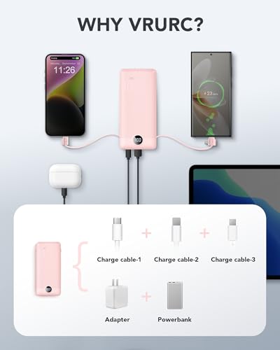 VRURC Portable Charger, Power Bank Built-in Cables and AC Wall Plug - color: Pink