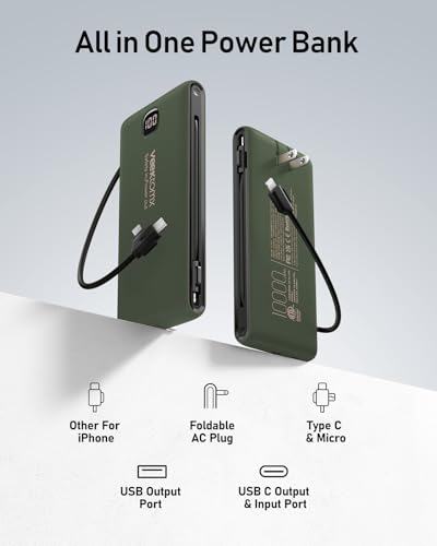 VEEKTOMX 10000mAh Portable Charger with Built-in Cables & Wall Plug - color: Dark Green