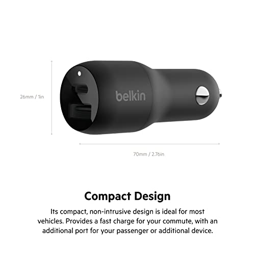 Belkin 37 Watt Dual USB Car Charger - Power Delivery 25W USB C Port & 12W USB A Port for PPS Charging Apple iPhone 14, 14 Pro, 14 Pro Max, iPhone 13, Samsung Galaxy, AirPods - Included Lightning Cable - size: 1.0 inches, style: Dual USB-A & C 37W + LGT Ca