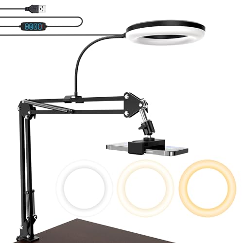 Overhead Camera Mount with Ring Light, 6‘’ Overhead Phone Mount Compatible with iPhone Camera Webcam, Articulating Arm Phone Mount for YouTube Live Stream Cooking Nail Video Recording