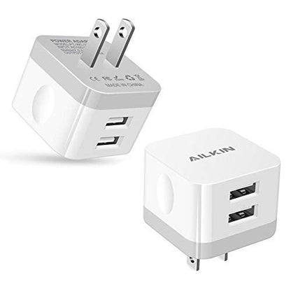 2Pack USB Wall Charger Plug, AILKIN 2.4A Dual Port USB Adapter Power Cube - color: White, style: 2Pack USB Wall Chargers