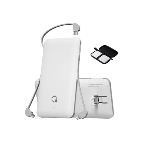 Brand Q Portable Charger with Built-in Cables and AC Wall Plug,Slim USB C Travel Essential Power Bank 10000mAh,External Battery Pack Compatible with iPhone,Samsung,Tablet and All Smart Phones - color: White