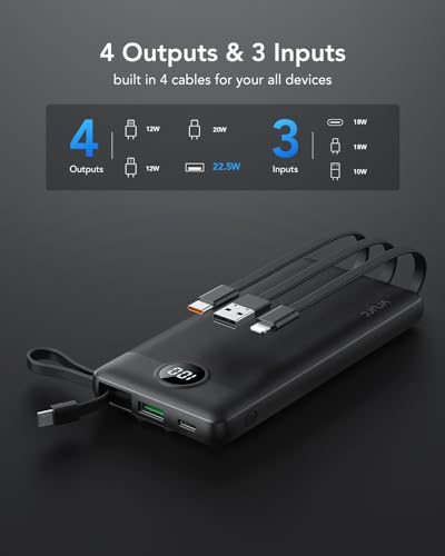 VRURC Portable Charger, 20W PD Fast Charging Power Bank Built in 4 Cables - color: Black