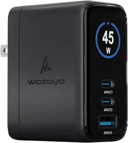 45W Smart LED Wozoyo GaN Charger, 2XType-C & USB-A Superfast 2.0 Charging, Compatible For iPhone 17/16/16 Pro Max/15 Series/iPad Pro, Smartphones, Tablets And More, PD/PPS/QC 3.0,Compact Foldable Plug