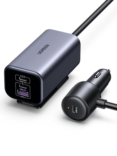 UGREEN 150W 4-Port Retractable Car Charger with Built-in Cable