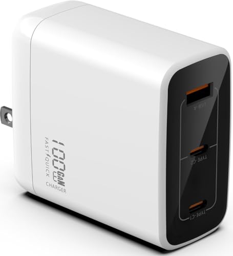 Fast 100W Dual USB-C Plus USB-A Charger - GaN Power Delivery - Fast Compact Power Adapter for Laptops, Smart Phones, Tablets and Thousands of Other Devices (White, 100W) - color: White, size: 100W