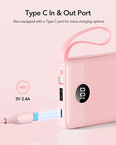 VRURC Portable Charger, Slim Power Bank Built-in 4 Cables, Travel Essential - color: Pink