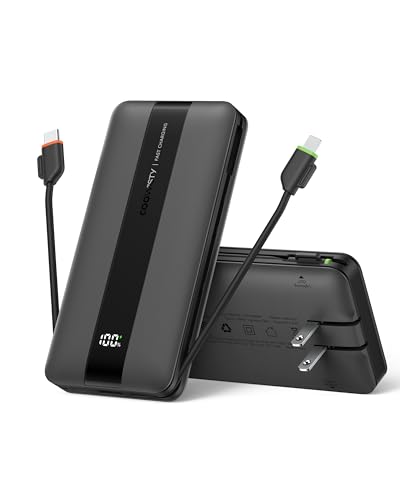 Portable Charger with Wall Plug, Fast Charging Power Bank Built-in Cables, Slim 10500mAh 22.5W 4 Outputs 3 Inputs LED Display External Battery Pack Compatible with iPhone/Android (Black) - color: Black