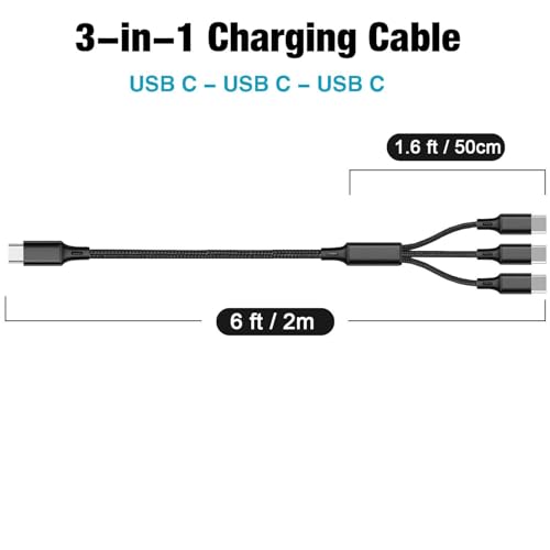 6ft USB C Multi Charging Cable - USB C Splitter 1 in 3 Out Fast Charging Cord, 3 in 1 Multi usb-c Charger Cable Compatible for iPhone 16/15/17/iPad/Samsung Galaxy/Google Pixel/Motorola/Phones/Tablets