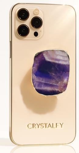 Grips by CRYSTALFY Crystal Phone Grip Holder & Expanding Kickstand-Natural Gemstone Swappable Top Accessory Compatible with iPhone, iPad, Kindle & Mobile Devices (Chevron Amethyst Gold, Adhesive) - color: Chevron Amethyst Gold, style: Adhesive