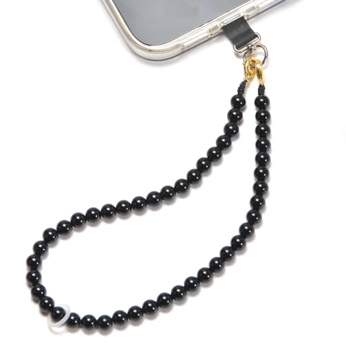 Agate Beaded Phone Wrist Strap for Women Men Stone Beads Charm Handmade Cellphone Chain Lanyard with Tether Tab - color: Black-1, size: 8mm Beads