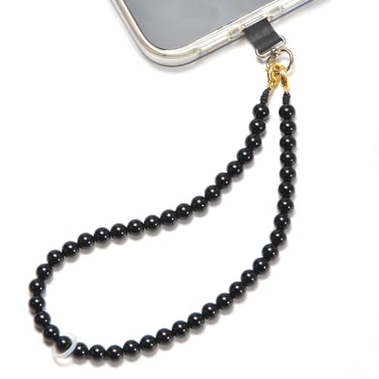 Agate Beaded Phone Wrist Strap for Women Men Stone Beads Charm Handmade Cellphone Chain Lanyard with Tether Tab - color: Black-1, size: 8mm Beads