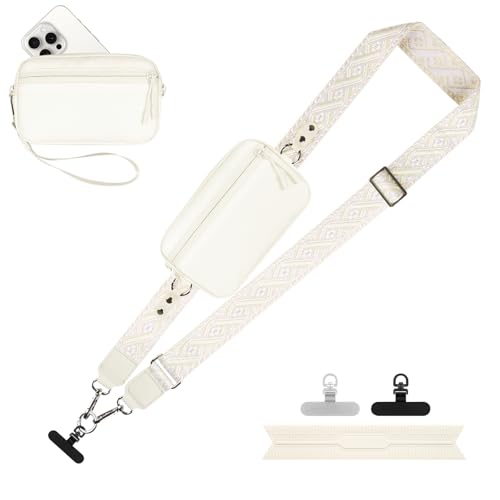 YFWE Clip and Go Strap for Phone with Wallet Crossbody, Adjustable Phone Lanyard with Detachable RFID Wristlet Wallet, Pattern Strap - Cream (L) - color: Cream-pattern Strap, size: Large