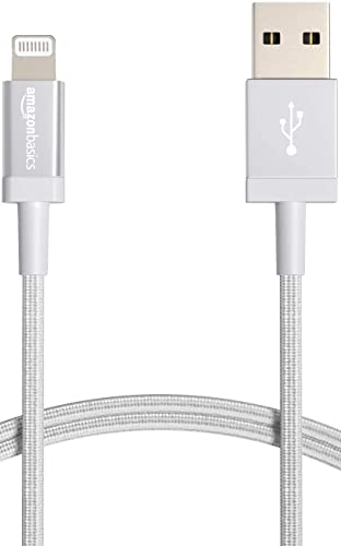 Amazon Basics USB-A to Lightning Charger Cable, Nylon Braided Cord, Apple MFi Certified for iPhone 14 13 12 11 X Xs Pro, Pro Max, Plus, iPad, High Speed Data Sync, 3 Foot, Silver - size: 3 ft