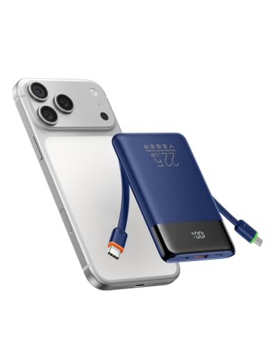VEGER 10000mAh 0.4lb Fast Charging Portable Charger with Built-in Cables - color: Navy Blue
