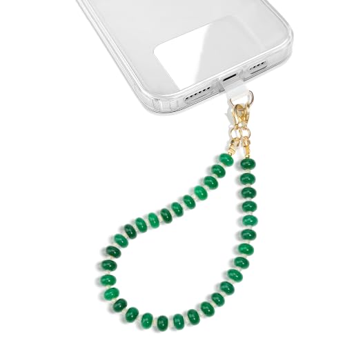 Natural Stone Beaded Phone Wrist Strap for Women, 304 Steel Core - color: Dark Green