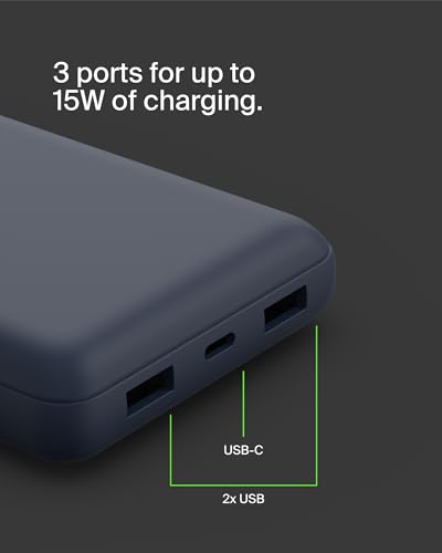 Belkin 20000mAh 15W 3 Port Power Bank, USB A to USB C Cable Included - color: Blue