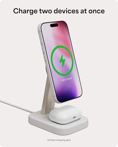 Mophie 2-in-1 Wireless Charging Stand - Qi2-Certified, MagSafe Charger for iPhone & AirPods – Fast Charging Station with Adjustable Phone Stand & Cable Management – Up to 15W Power - color: White, size: 2-in-1 iPhone/ Apple Airpods Charging Stand