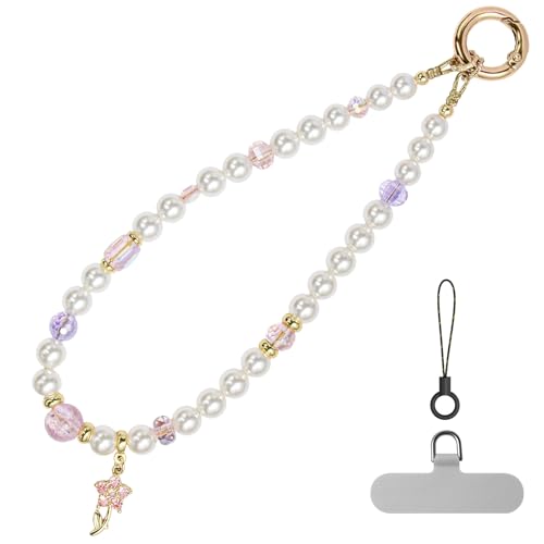 pcgaga Pearl Beaded Phone Charm, Phone Wrist Strap, Handmade Bracelet Straps, Anti-Lost Lanyard Wrist Chain for Airpods Women Girls Gift - color: Pink Blossom