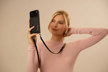 Bandolier Mila Leather Crossbody MagSafe Case iPhone 17 Pro Max - Black/P | Crossbody leather phone case. Built-in card-holder. Adjustable & removable strap. MagSafe Design. Phone drop protection. - color: Black/Pewter, size: Iphone 17 Pro Max