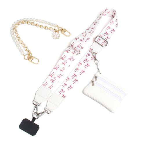 Phone Strap with Zippered Pouch, Clip and Go Strap for Phone with Wallet Crossbody, Adjustable Crossbody Phone Strap-1 - color: Bow White