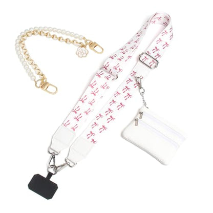 Phone Strap with Zippered Pouch, Clip and Go Strap for Phone with Wallet Crossbody, Adjustable Crossbody Phone Strap-1 - color: Bow White