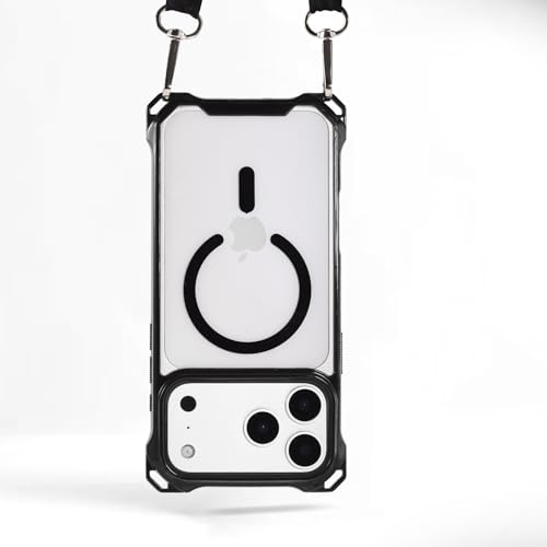 Magnetic for iPhone 17 Pro Max Crossbody Phone Case,Semi-Black,Clear Magnetic Soft Frame PC Back Shockproof Protective Phone Cover with Adjustable Detachable Lanyard,Compatible with MagSafe - color: Semi-Black, size: iPhone 17 Pro Max