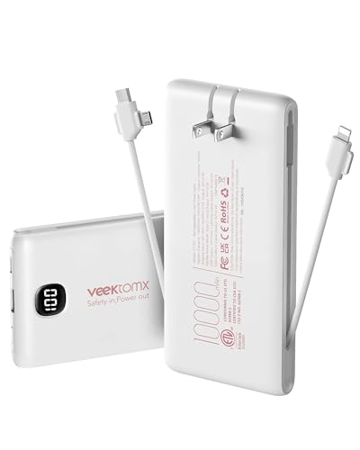 VEEKTOMX Portable Charger with Built-in Cables and AC Wall Plug, 10000mAh