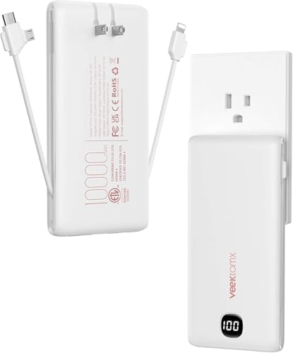 VEEKTOMX 10000mAh Portable Charger with Built-in Cables & Wall Plug - color: Pure White