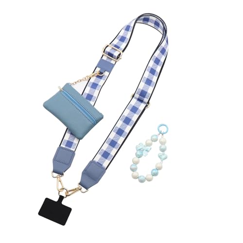 Clip and Go Strap for Phone with Wallet Crossbody - color: Grid Pattern-blue