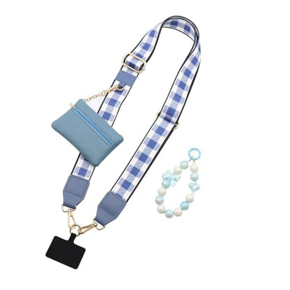Clip and Go Strap for Phone with Wallet Crossbody - color: Grid Pattern-blue