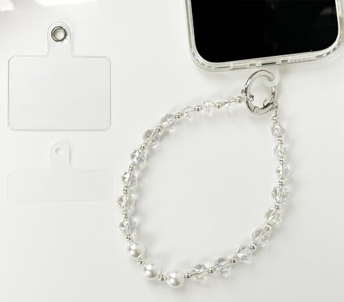 Sparkle Crystal Pearl Phone Wrist Strap for Women, Sparkling Beaded Cellphone Lanyard Chain - color: White