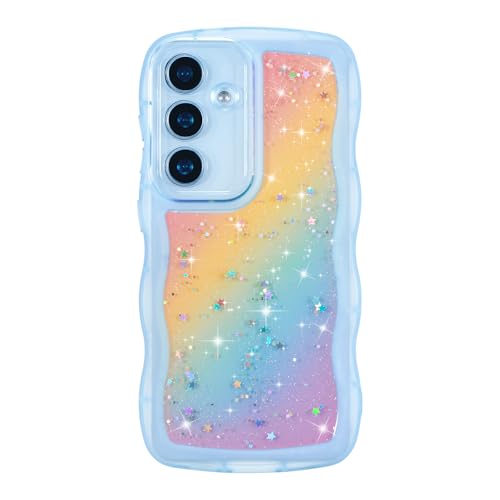 ZTOFERA for Samsung Galaxy A15 4G/5G 6.5" Case with Curly Wave,Rainbow Blue | Cute Curly Wave Phone Case,Glitter Rainbow Star,Clear Shiny Bling,Soft TPU Shockproof - color: Rainbow Blue, size: for Galaxy A15 4G/5G
