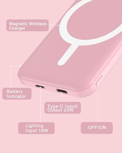podoru for MagSafe Power Bank 5000mAh, Ultra-Slim Magnetic Portable Charger - color: Pink