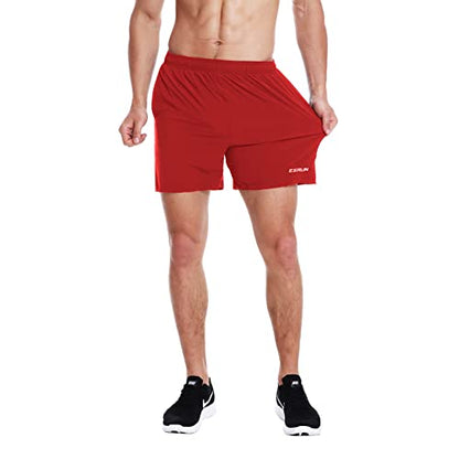 EZRUN Men's 5" Athletic Running Shorts Quick Dry with Liner Zip Pocket - color: Red, size: Large