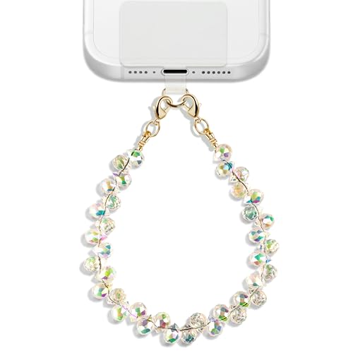 Natural Stone Beaded Phone Wrist Strap for Women, 304 Steel Core - color: White Multi
