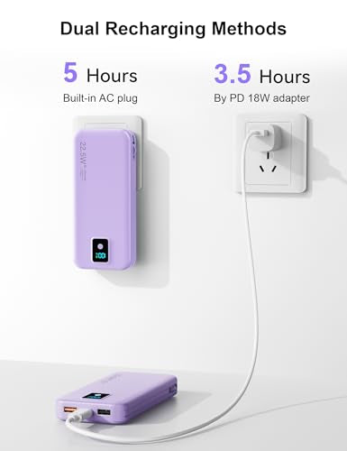 Portable Charger 12000mAh 22.5W w/Built-in Cable & Wall Plug Purple - color: Purple