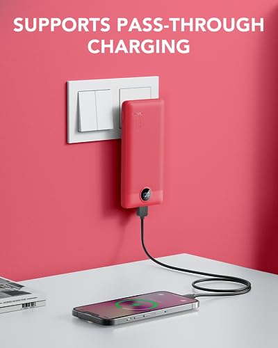Portable Charger Built-in Cables and AC Wall Plug, VRURC USB C Power Bank 10000mAh, Travel Battery Portable Phone Charger Compact Lightweight External Battery Pack for SmartPhones,Tablets-Viva Magenta - color: Viva Magenta