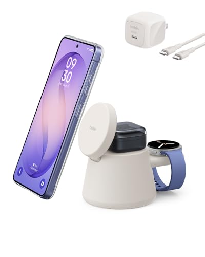 Belkin Qi2.2 25W Magnetic Wireless Charging Station, 3 in 1 Samsung Charger - color: Sand